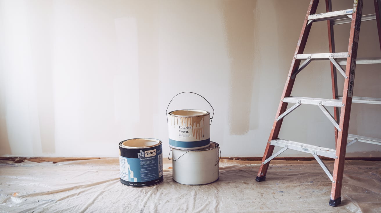 A close-up shot of two paint cans sitting on a plastic drop cloth next to an open wooden stepladder in a room undergoing renovation.