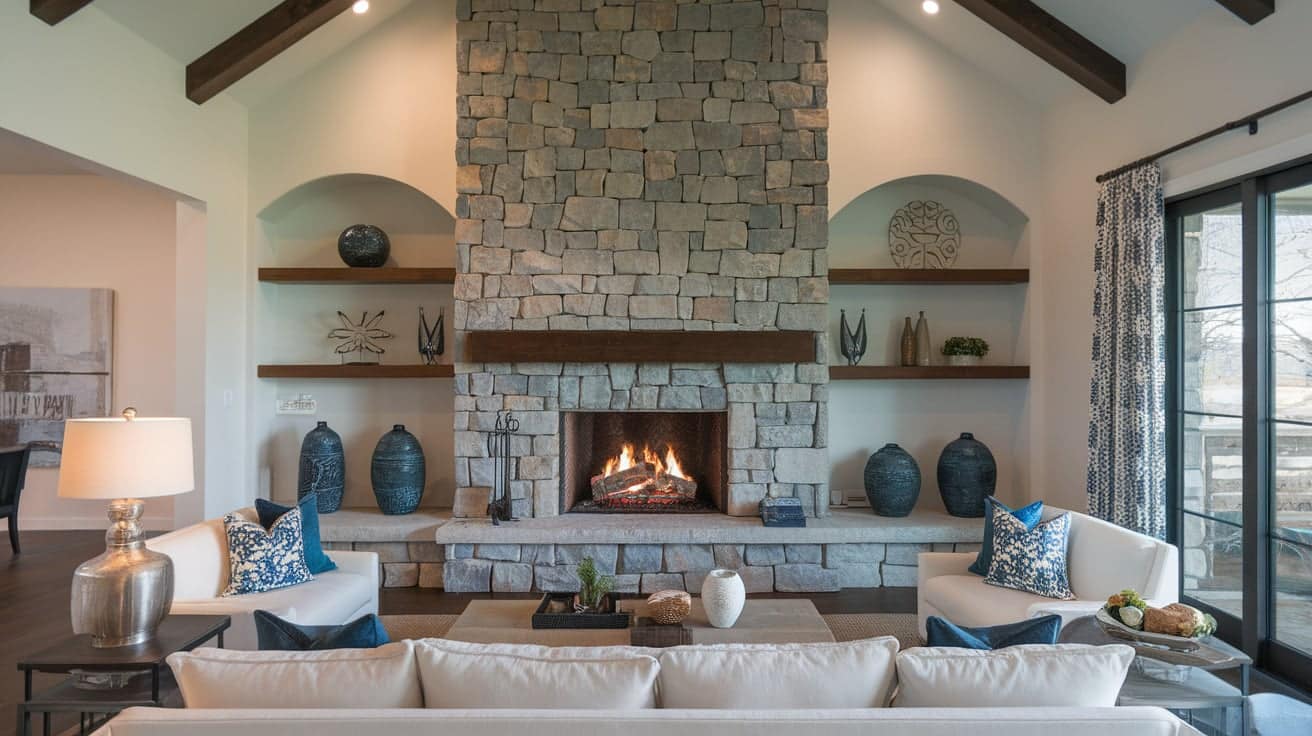 Floor-to-ceiling stone fireplace wall with a dark wood mantel, flanked by built-in arched alcoves in an open-concept home.