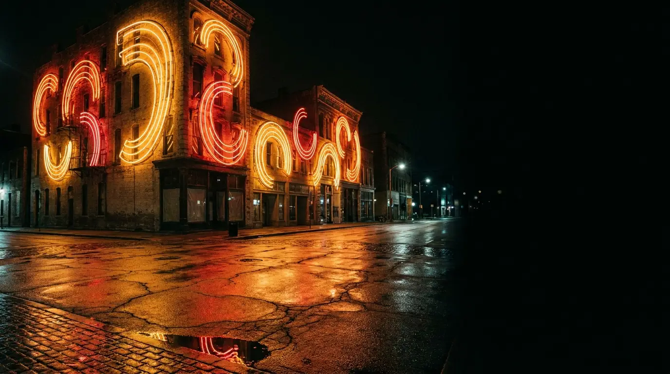Building facade with vibrant neon lights reflecting on wet street at night