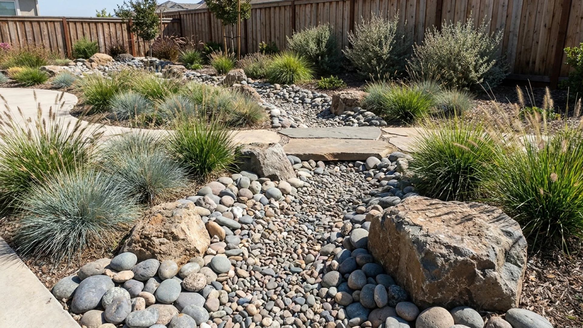Dry creek bed garden with river rocks, grasses, and boulders in a backyard landscape.