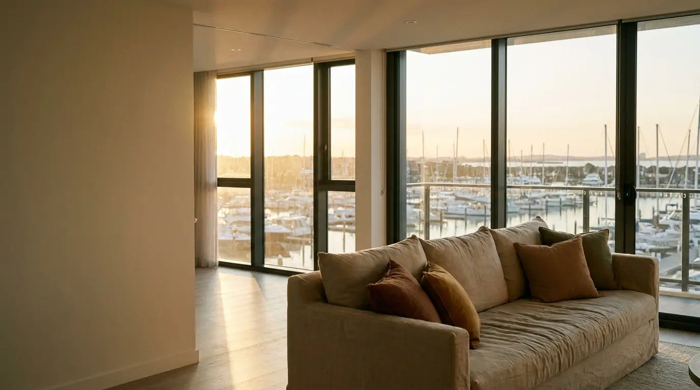Beige sofa with colorful cushions in modern living room overlooking marina at sunset