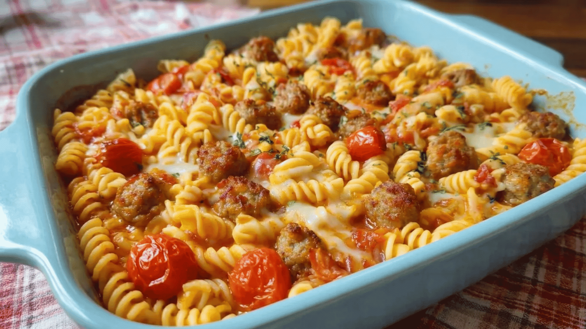 Dump-and-bake pasta with meatballs, melted cheese, and roasted tomatoes in a rich savory sauce.