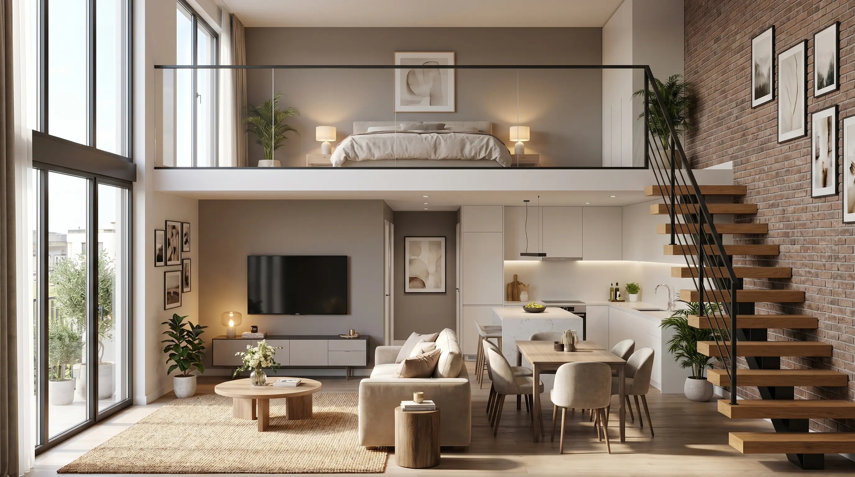 Modern duplex apartment with two visible levels connected by a staircase, featuring open living space below and a bedroom above in a stylish design.
