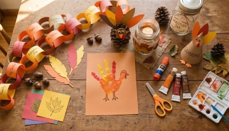 Flat lay of easy Thanksgiving crafts, handprint turkey, pinecone turkey, paper chain, and mason jar on a wooden table