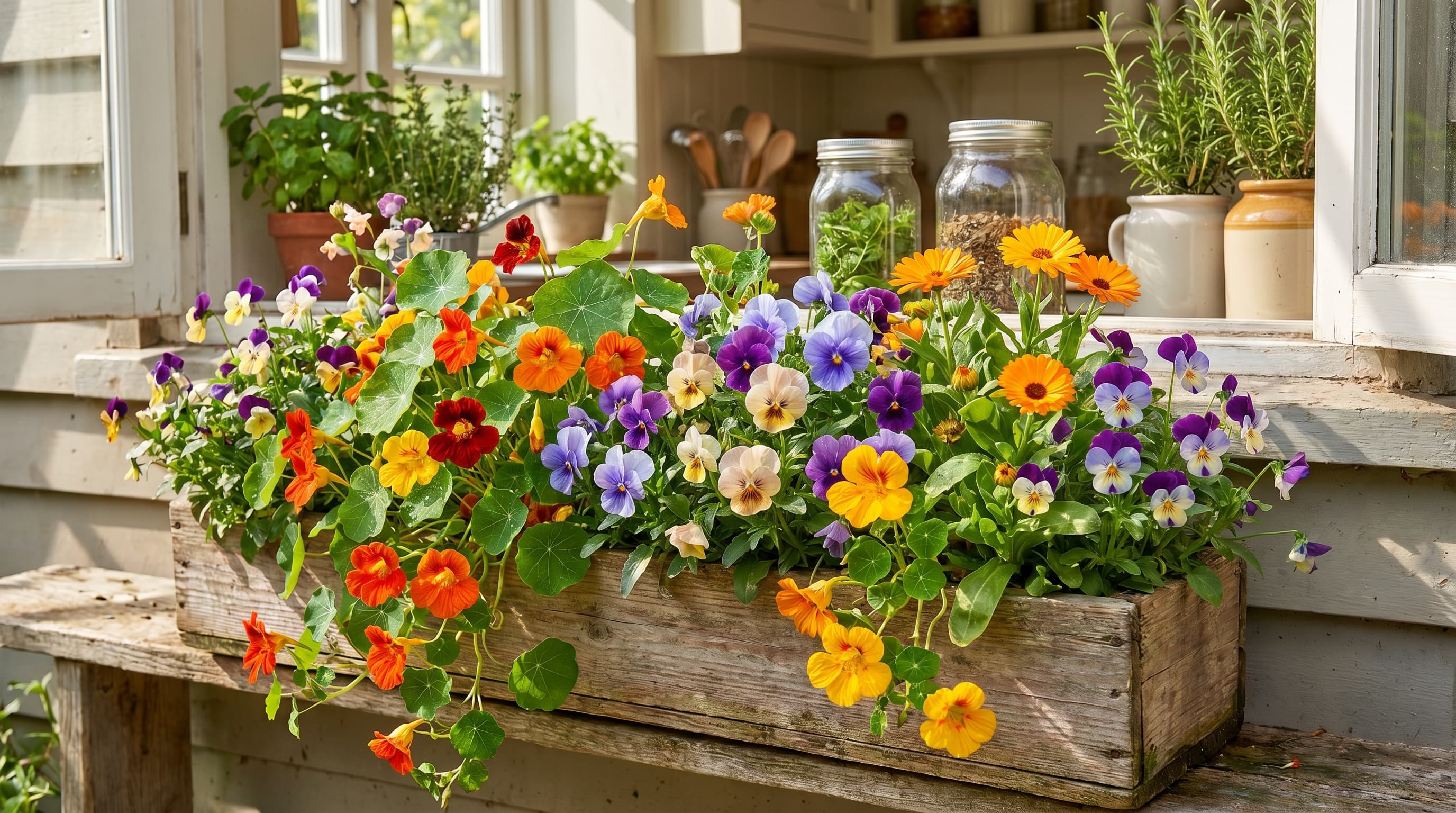 Edible flower window box with colorful nasturtiums, calendulas, and trailing greenery in wooden container.
