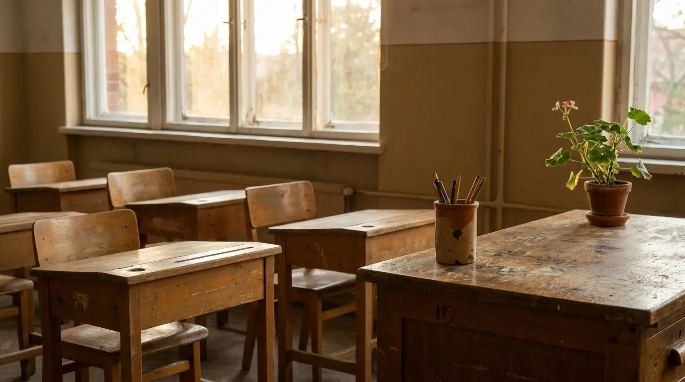 Empty vintage classroom with wooden desks and chairs under warm natural light