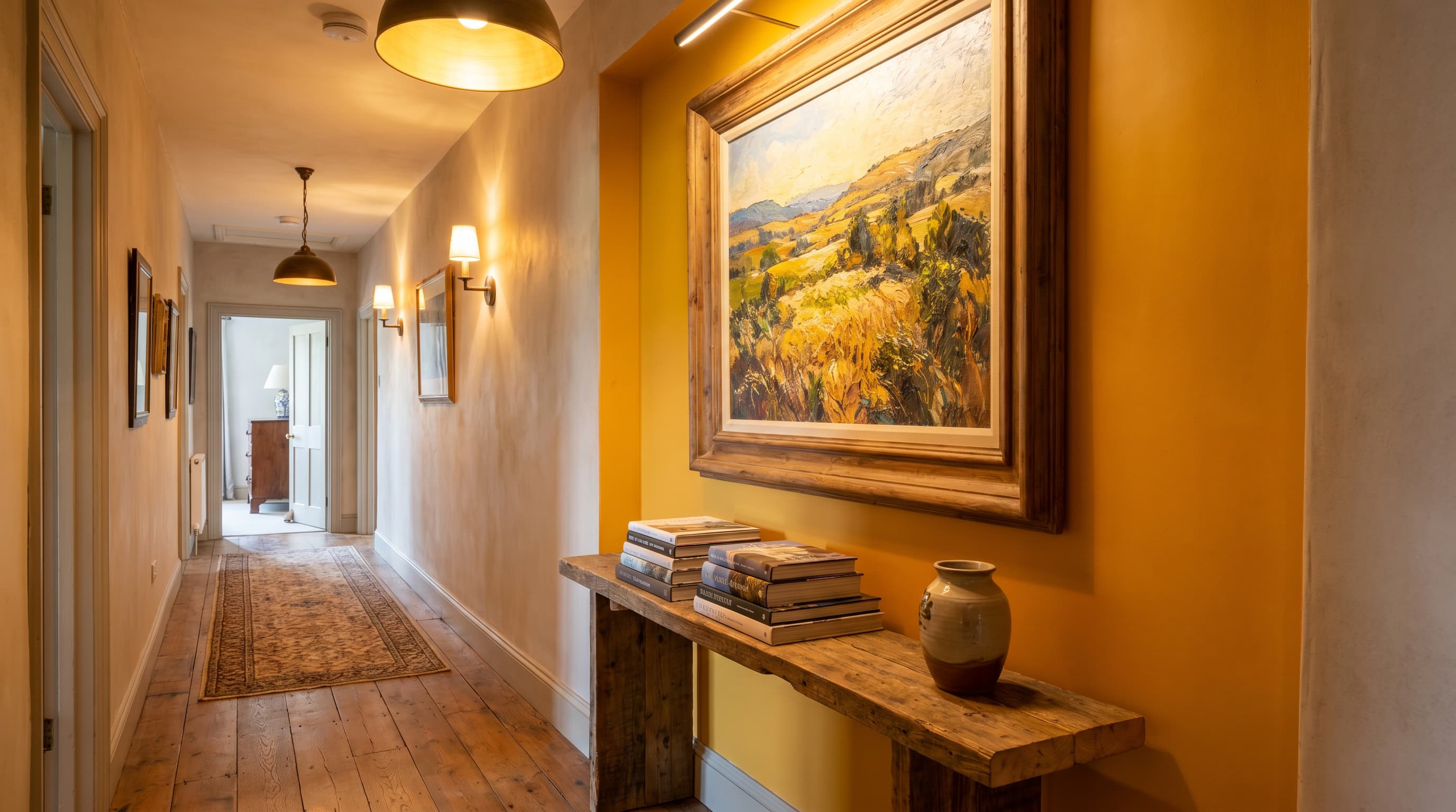 Hallway decor ideas with a bold accent wall, oversized landscape artwork, rustic console table, and warm pendant lighting.