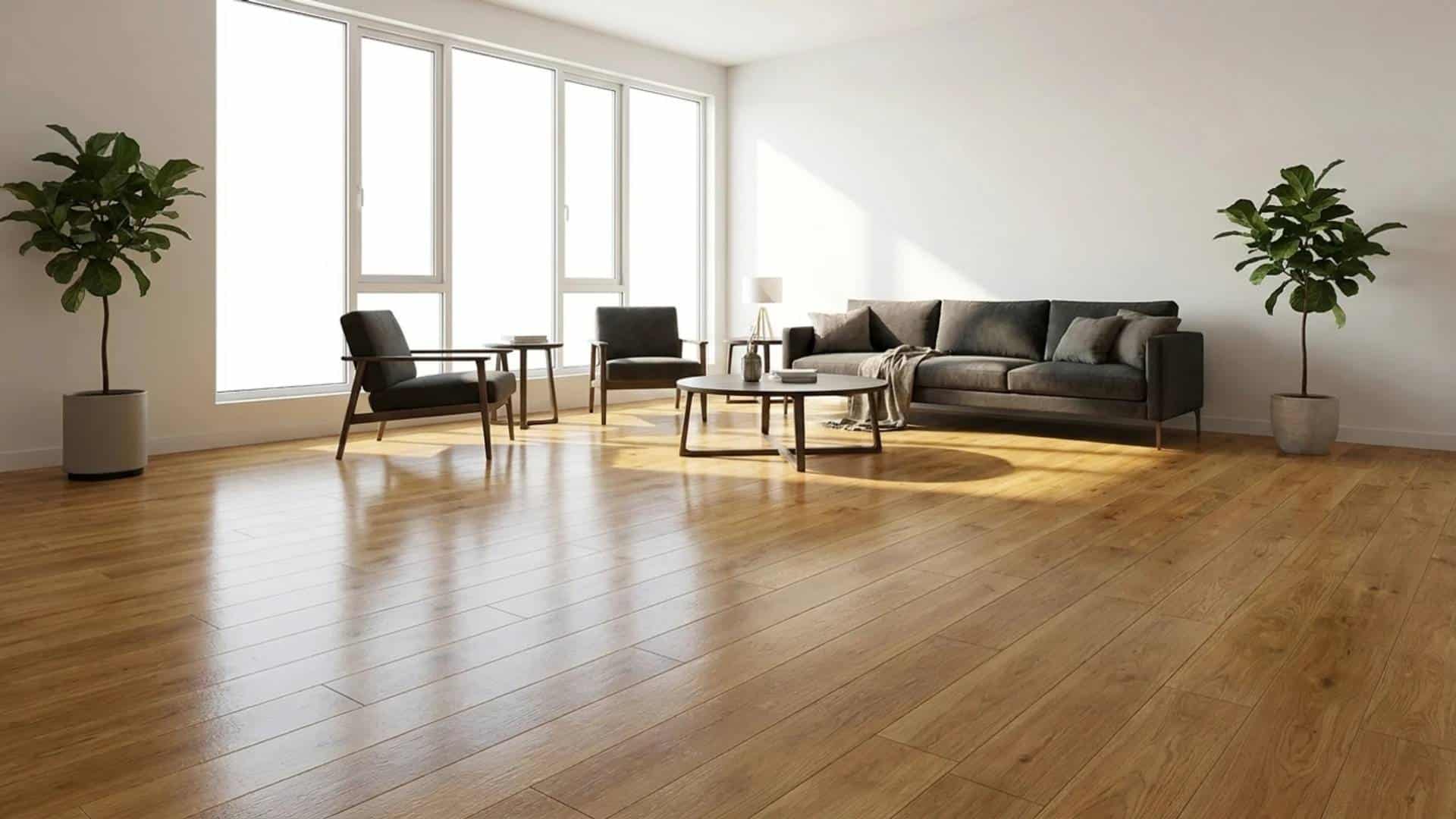 Modern living room interior with a polished, glossy engineered wood floor reflecting light from large windows.