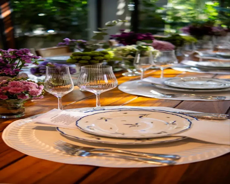 Elegant table setting with floral plates and wine glasses in sunlit dining room