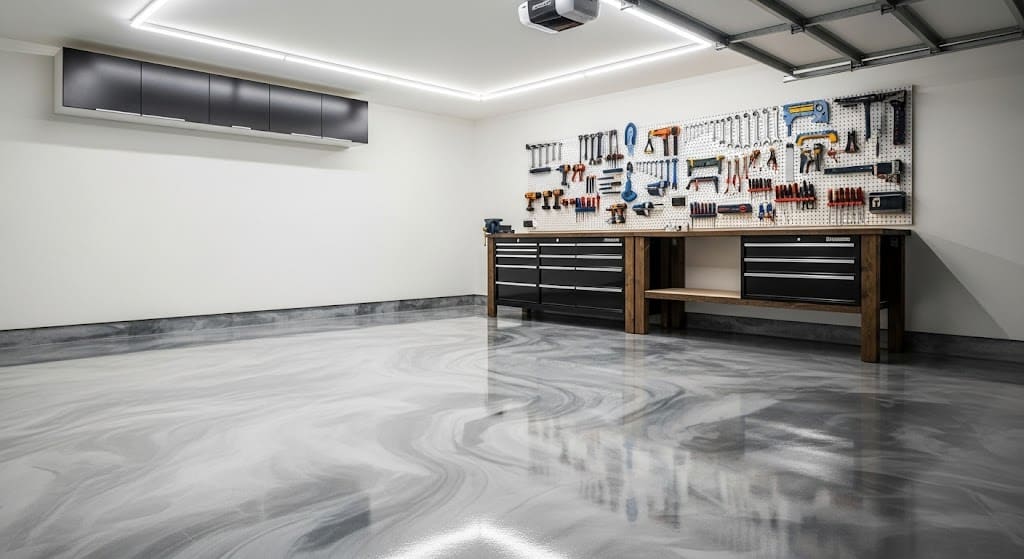 An organized garage workshop with a metallic grey epoxy floor, a workbench, and overhead LED lights.
