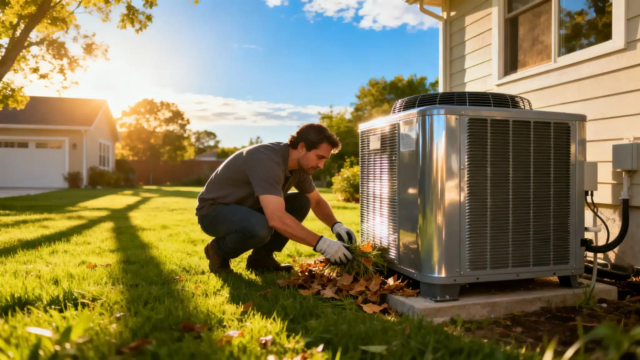Man clearing leaves from air conditioning unit outside a house under bright afternoon sunlight