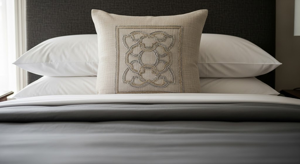 A square cream Euro sham pillow with an embroidered geometric pattern placed on a styled bed.