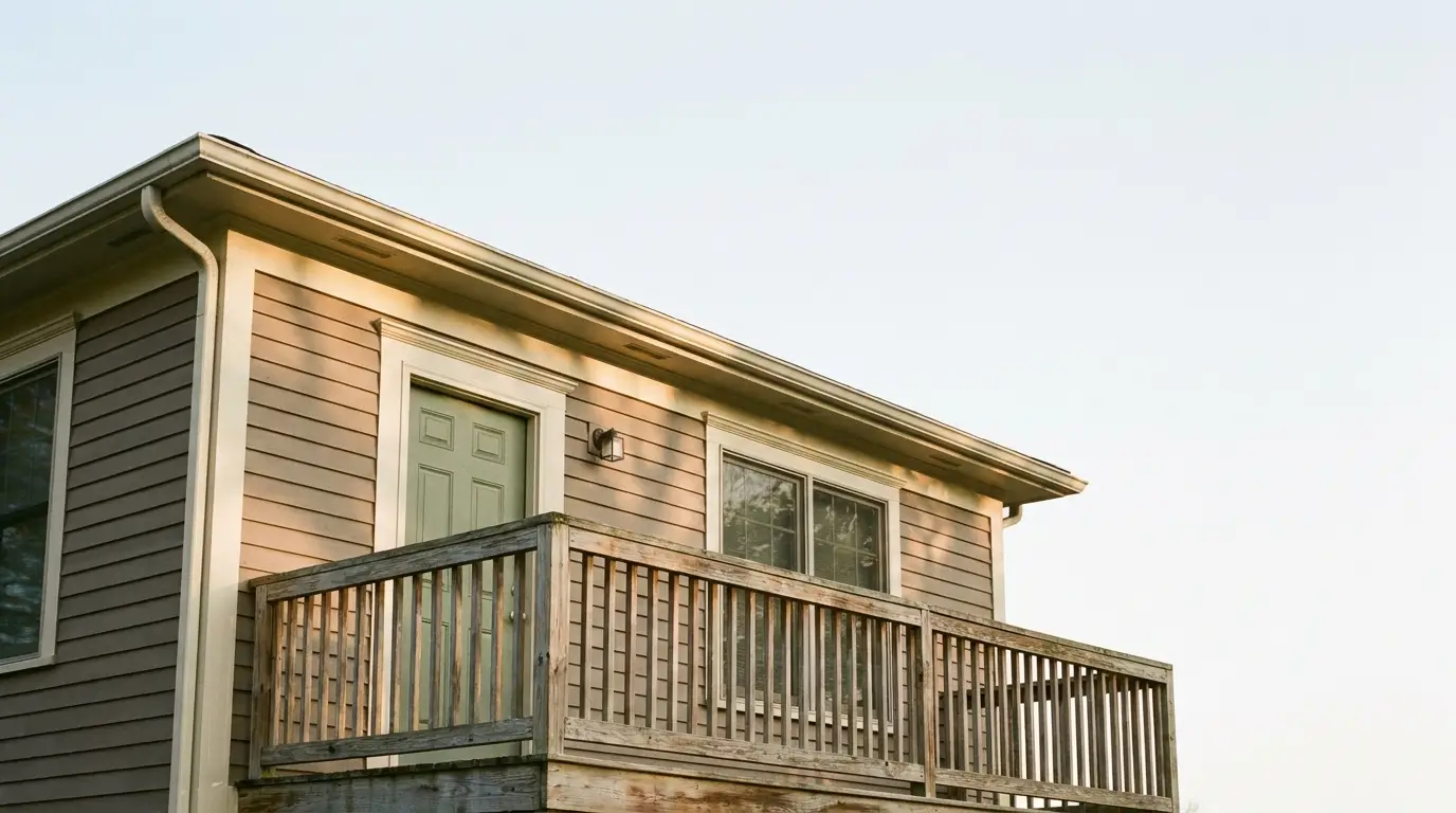 Upper level of a beige house with wooden balcony and pale green door in sunlight