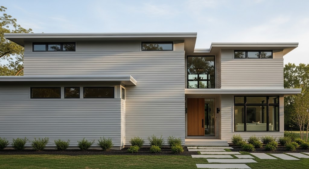 A modern two-story home featuring light gray exterior siding, crisp white trim, and a natural wood front door.