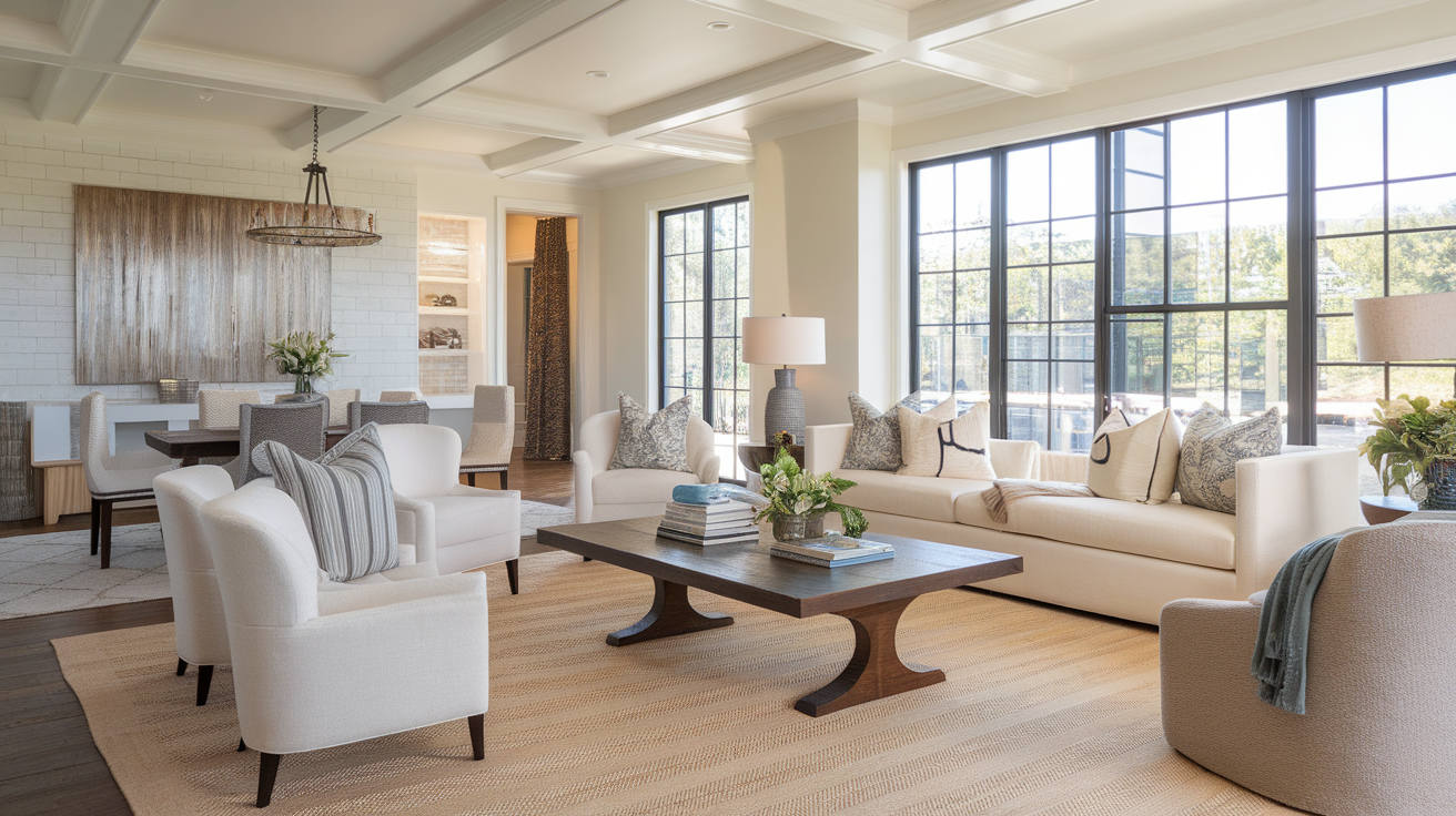 An extra-large, patterned area rug anchors a luxury living room setup with a white sectional sofa.