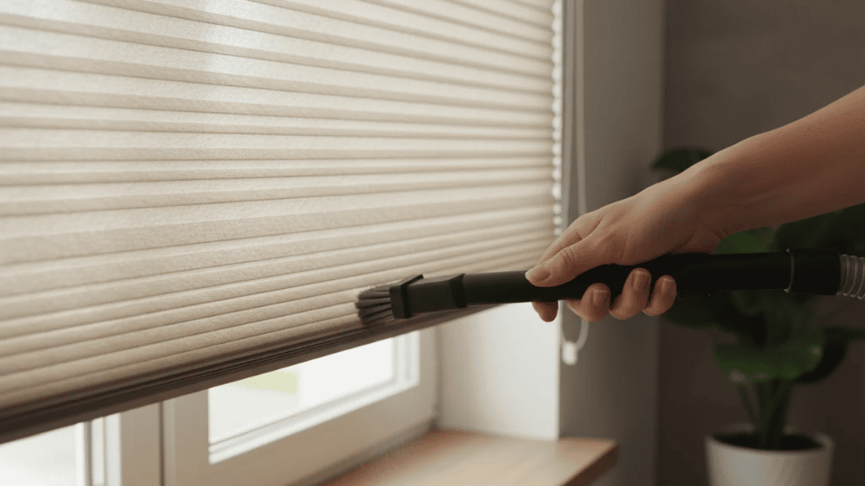 Vacuum brush attachment cleaning horizontal window blinds in a bright indoor room during routine dust removal.