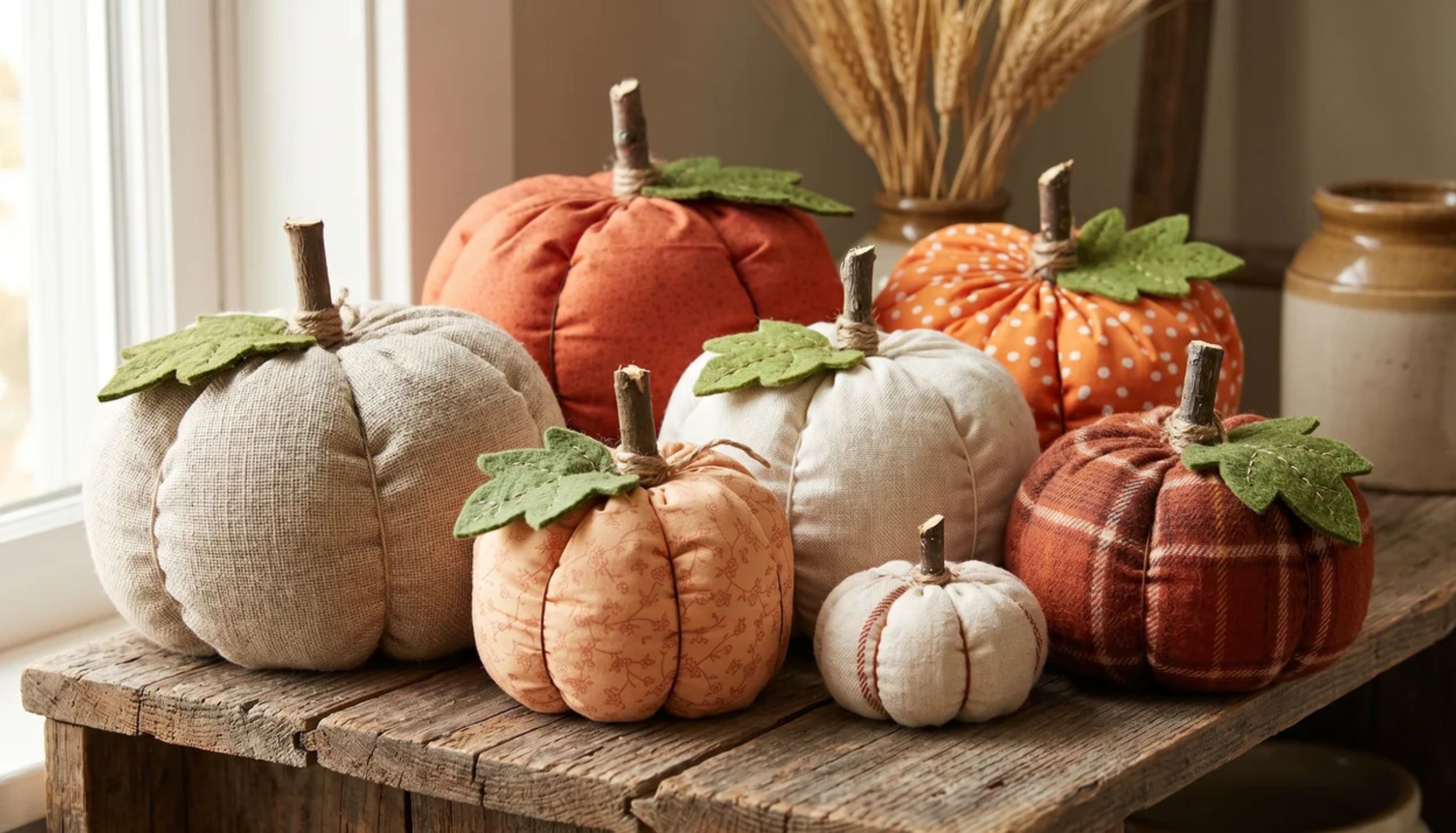 A collection of handmade patterned fabric pumpkins on a wooden shelf, ideal for easy thanksgiving crafts.
