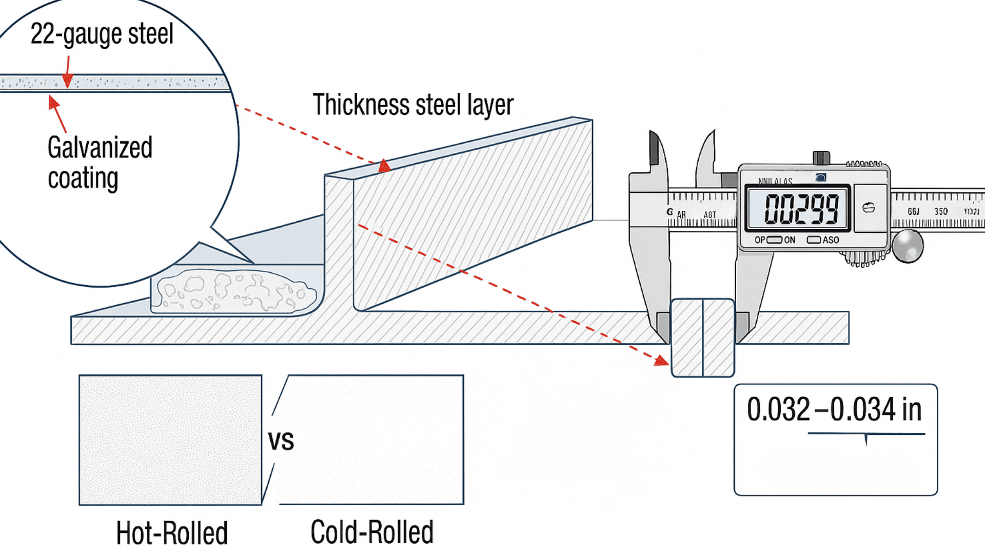 An infographic showing 22-gauge steel thickness factors: galvanized coating layers, hot vs cold-rolled steel, and a digital caliper.