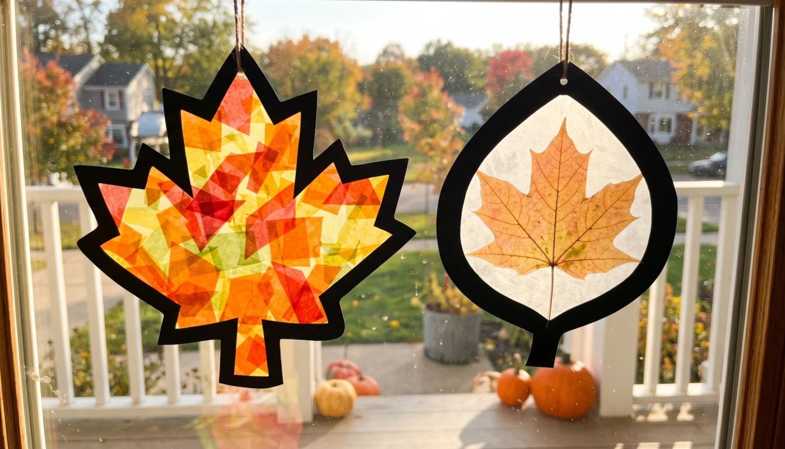 Leaf-shaped autumn suncatchers hanging on a window, perfect as easy thanksgiving crafts.