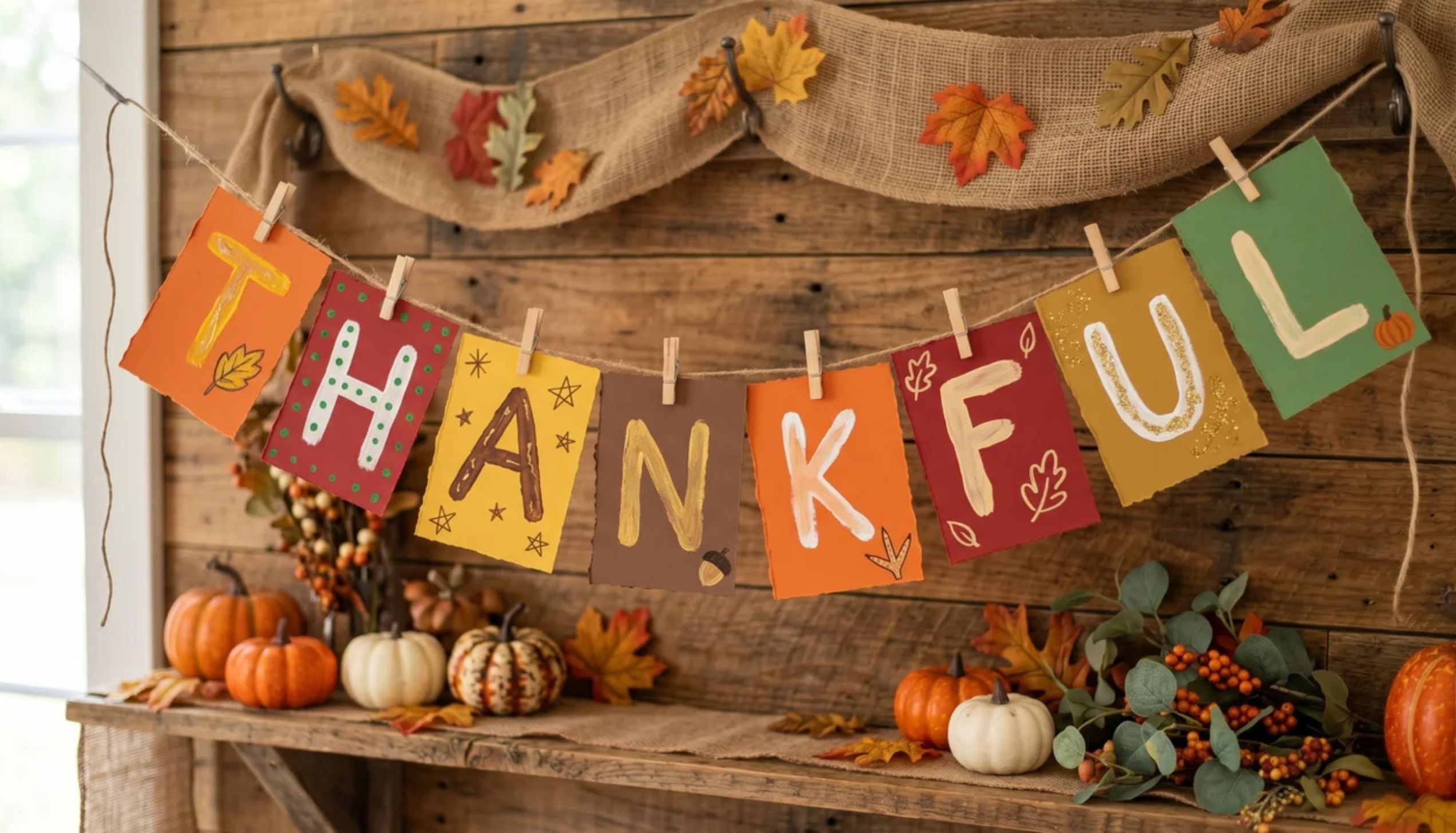 A colorful paper banner spelling out THANKFUL on a wooden wall, among easy thanksgiving crafts.