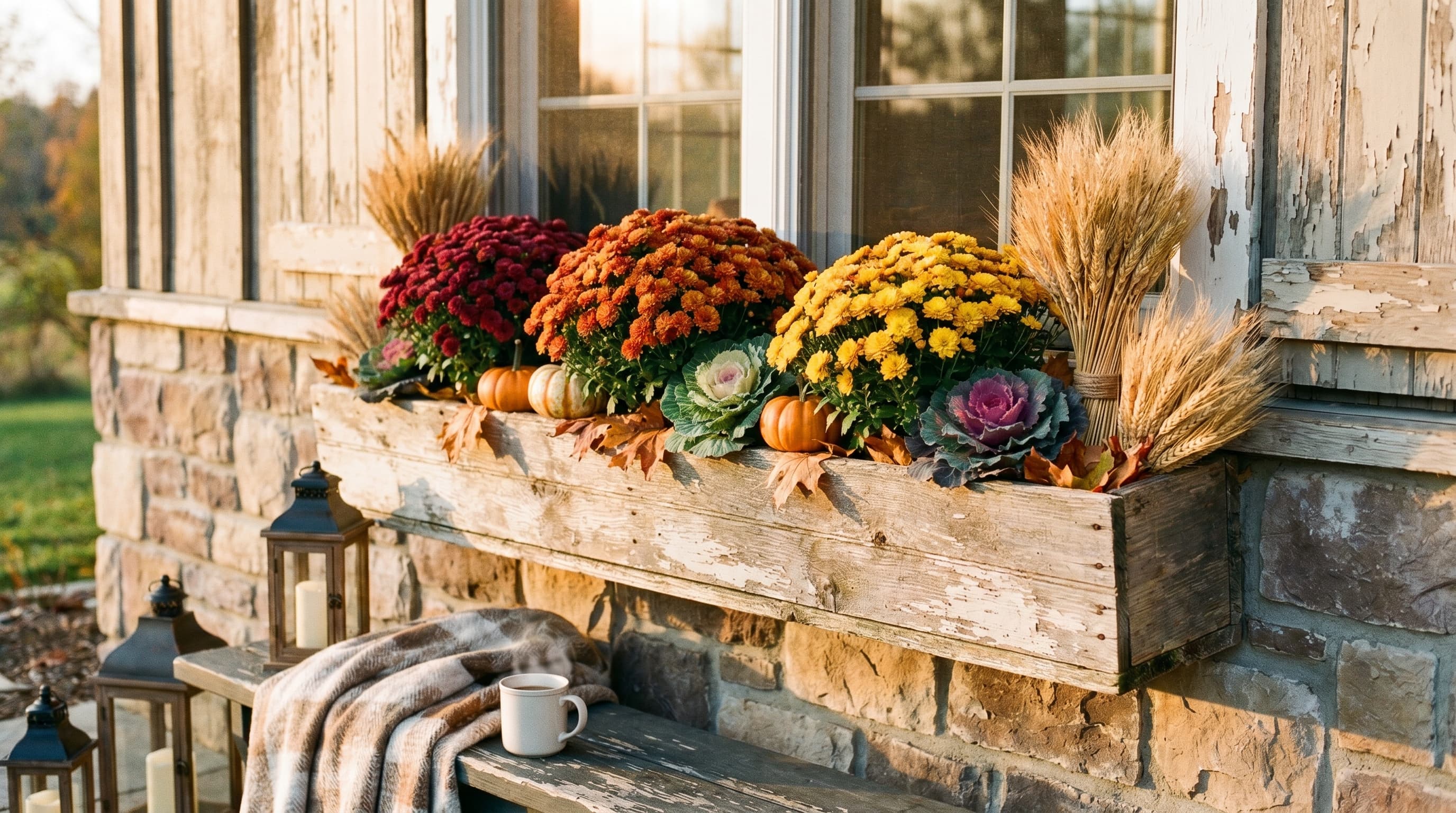 Fall window box with warm autumn flowers, ornamental grasses, and greenery in rustic planter.