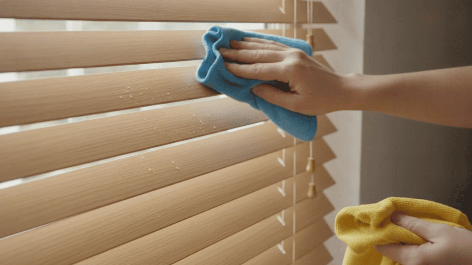 Cleaning white faux wood blinds with a damp cloth along the length of the slat.