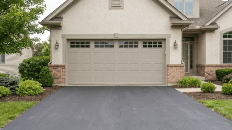 Closed beige two-car garage door on a suburban home with brick accents, wall lanterns, and landscaped front yard.