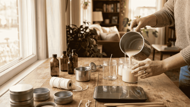 DIY candle-making process with supplies and finished candles on a worktable