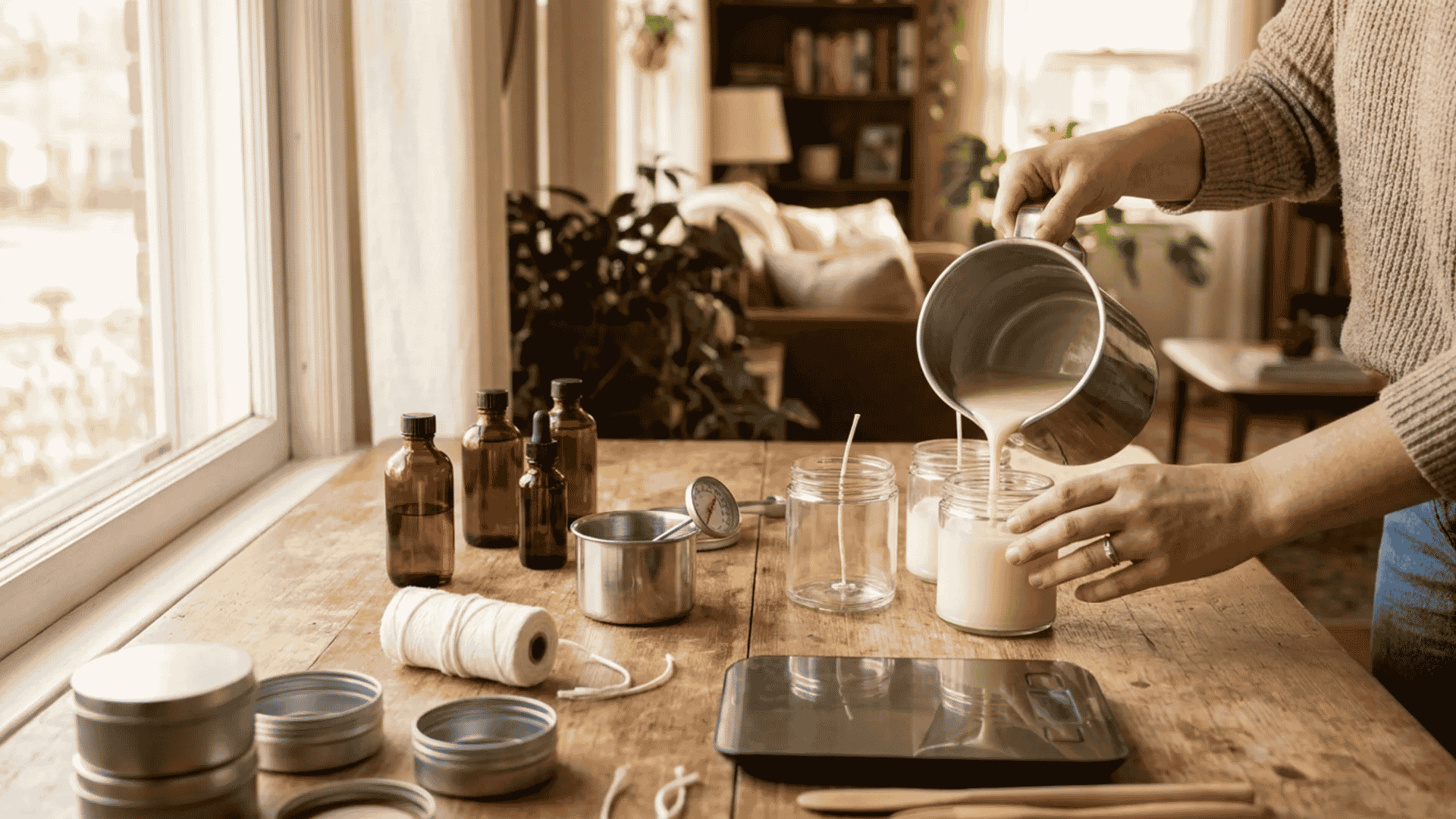 DIY candle-making process with supplies and finished candles on a worktable
