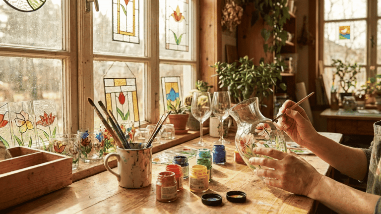 Person painting a floral design on a glass vase in a bright craft workspace