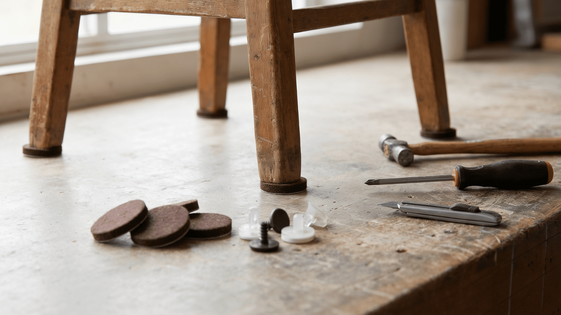 Felt pad being attached under a chair leg to fix uneven balance on a flat floor