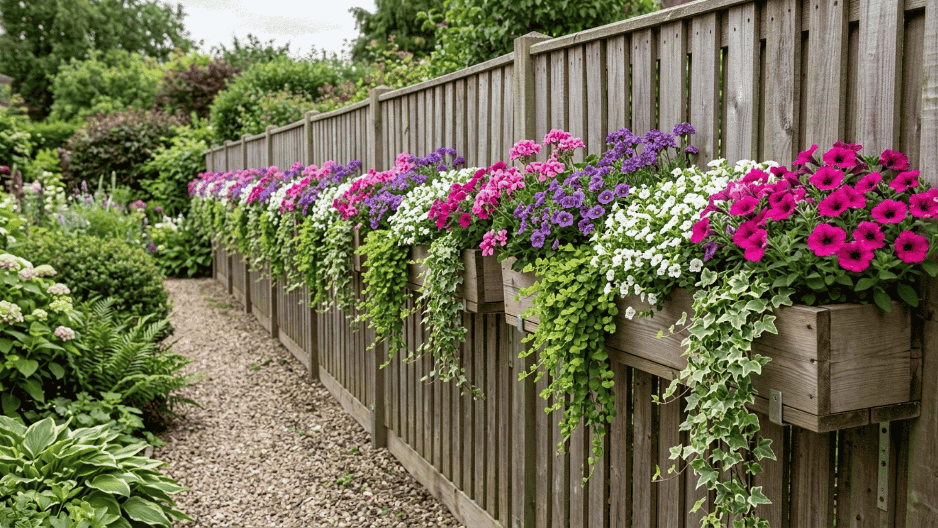 Wooden fence boxes mounted along a wooden fence, filled with pink, purple, white flowers and trailing greenery.