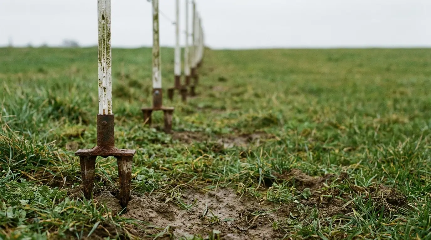 Rusty metal fence posts lined in grassy field under overcast sky