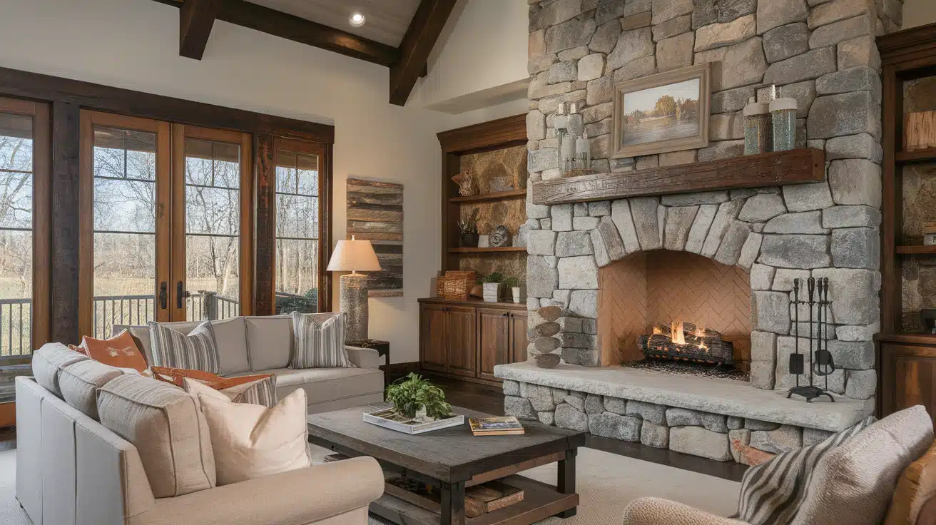 Rustic living room with a large fieldstone rock fireplace, a dark wooden mantel, and a gray sectional sofa.