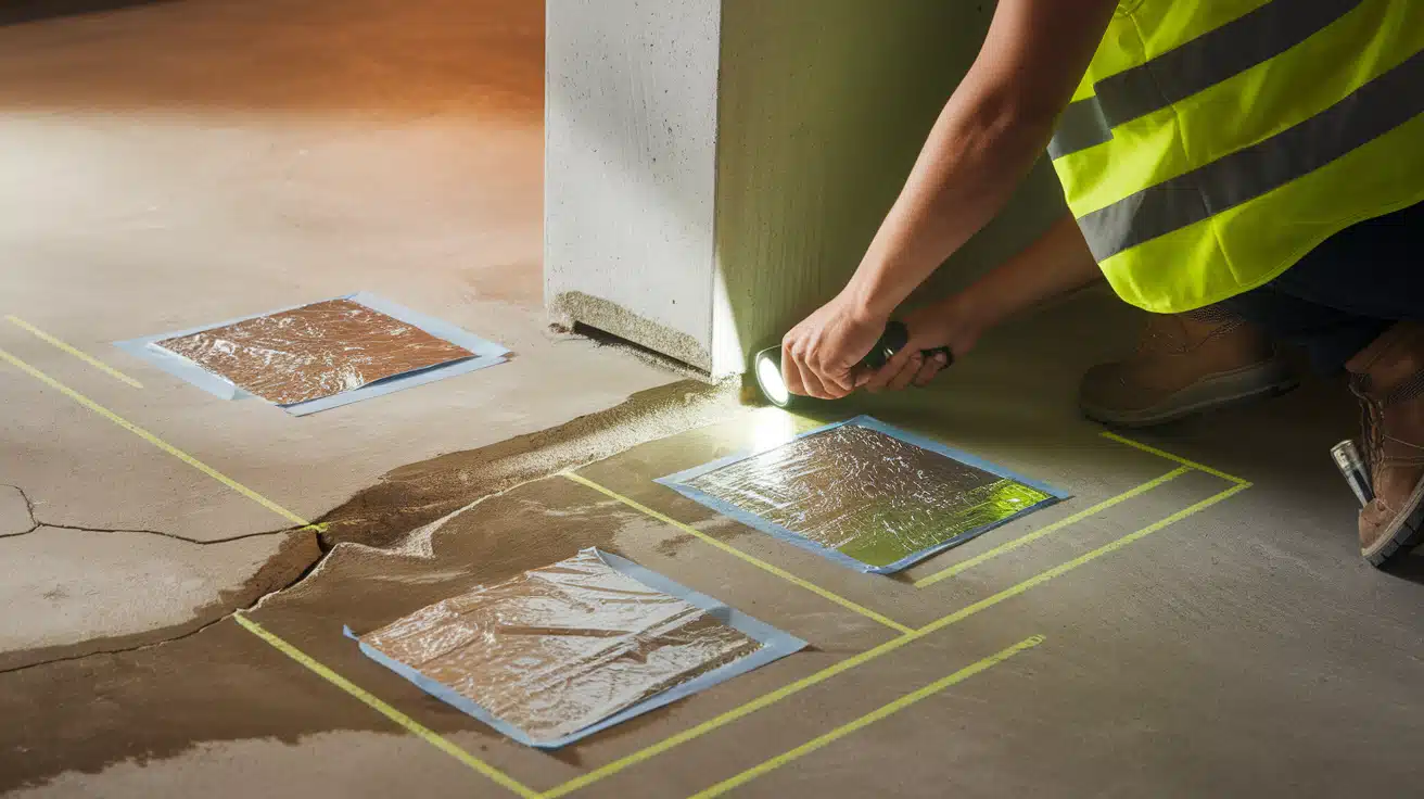 A worker using a flashlight to inspect taped aluminum foil test squares on a damp concrete basement floor.