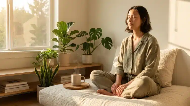 Person meditating in cozy room with potted plants and sunlight streaming through window
