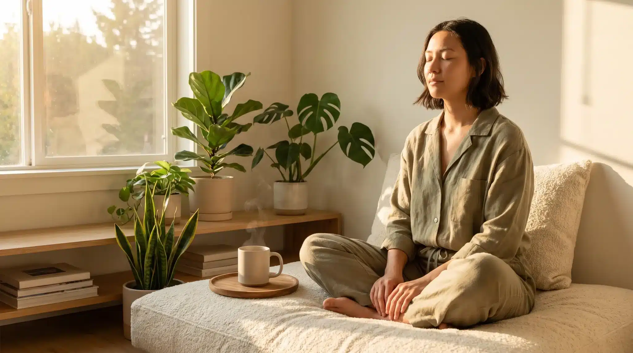 Person meditating in cozy room with potted plants and sunlight streaming through window