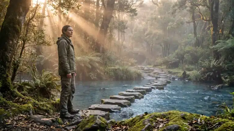 Person in outdoor gear standing by a forest stream with stepping stones under warm sunlight