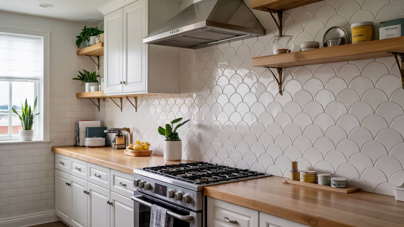 A coastal kitchen showcasing white scallop-shaped fish scale tiles creating a playful, textured backsplash.