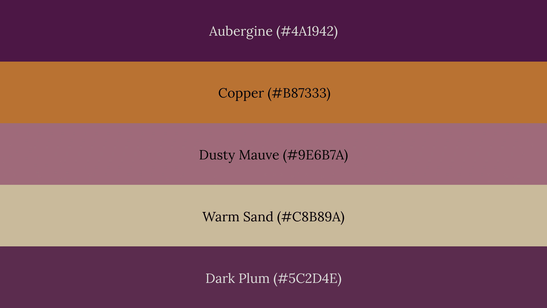 Five-band fall color palette: Aubergine (#4A1942), Copper, Dusty Mauve, Warm Sand, and Dark Plum with hex codes.