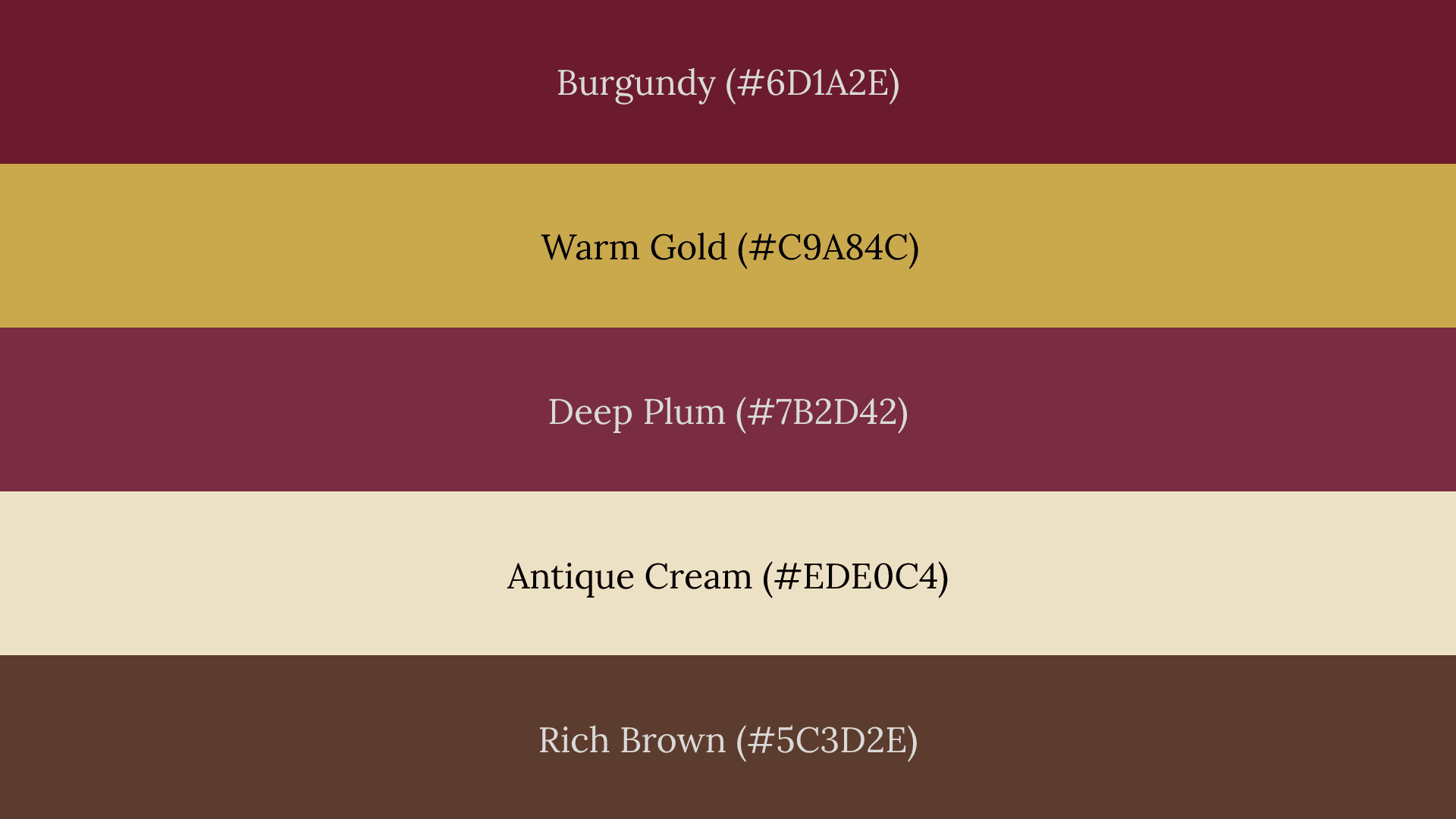 Five-band fall color palette: Burgundy (#6D1A2E), Warm Gold, Deep Plum, Antique Cream, and Rich Brown with hex codes.