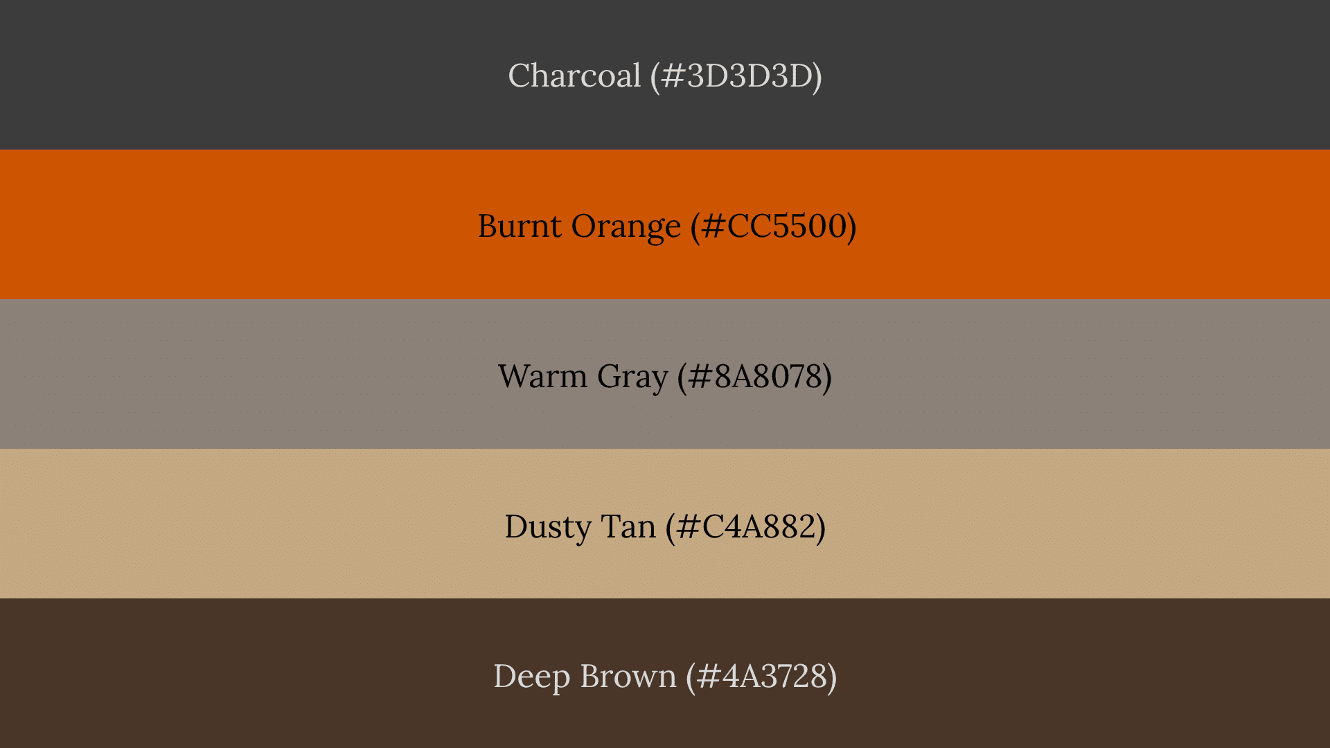 Five-band fall color palette: Charcoal (#3D3D3D), Burnt Orange, Warm Gray, Dusty Tan, and Deep Brown with hex codes.