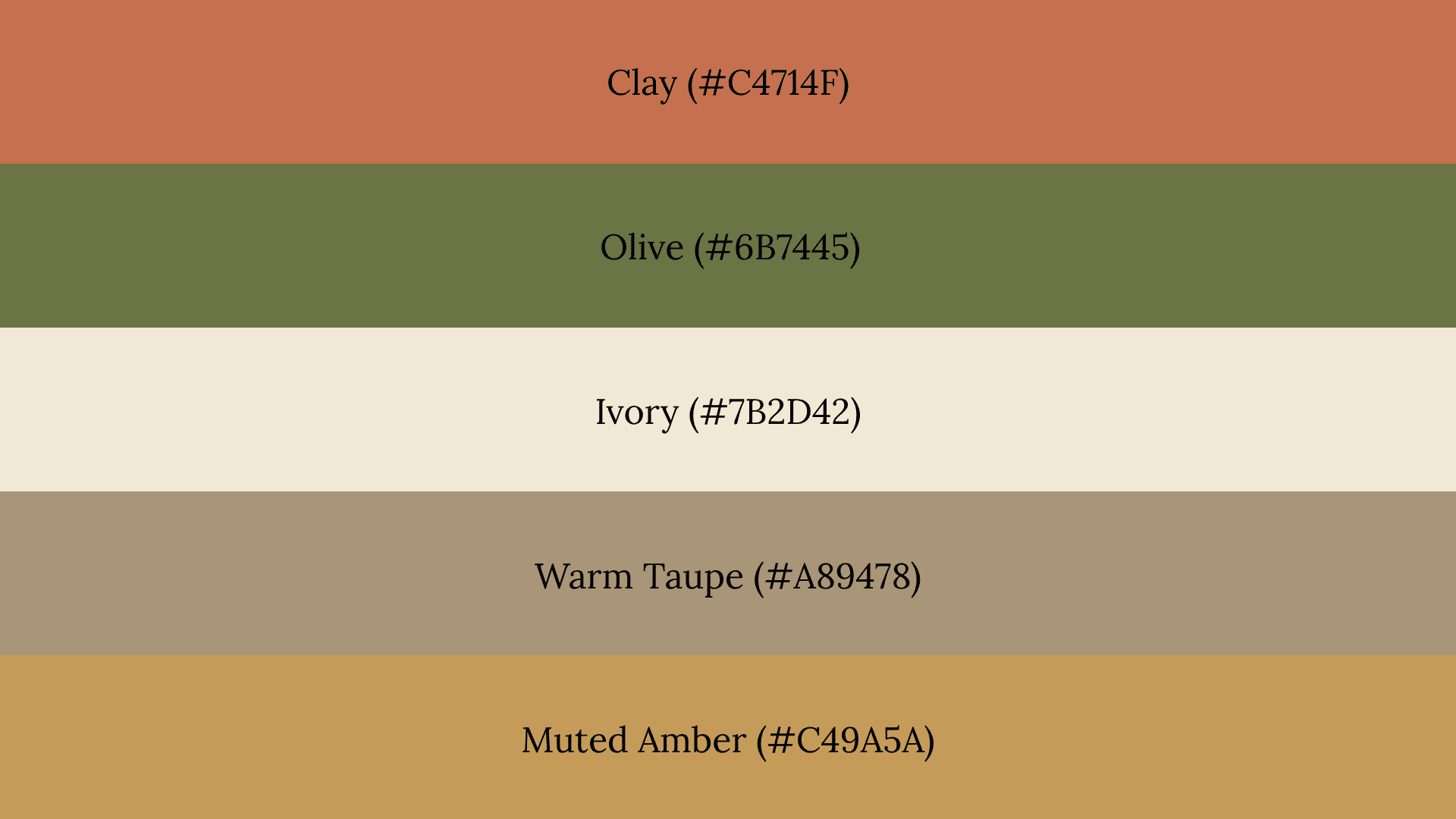 Five-band fall color palette: Clay (#C4714F), Olive, Ivory, Warm Taupe, and Muted Amber with hex codes.