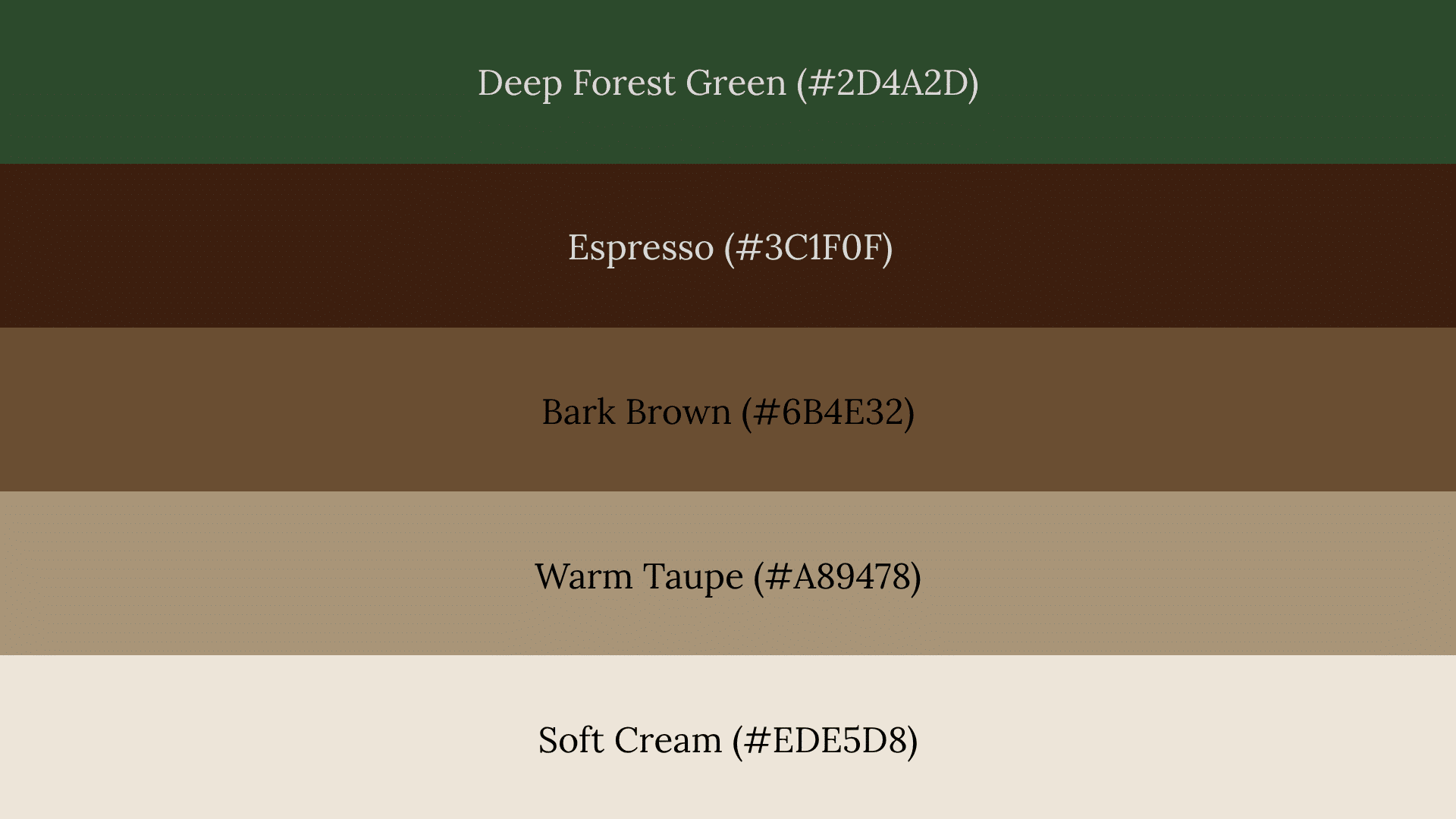 Five-band fall color palette: Deep Forest Green (#2D4A2D), Espresso, Bark Brown, Warm Taupe, and Soft Cream with hex codes.