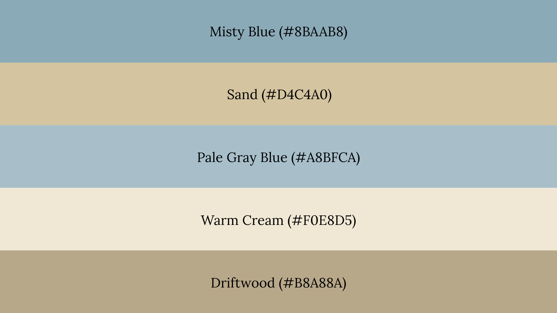 Five-band fall color palette: Misty Blue (#8BAAB8), Sand, Pale Gray Blue, Warm Cream, and Driftwood with hex codes.
