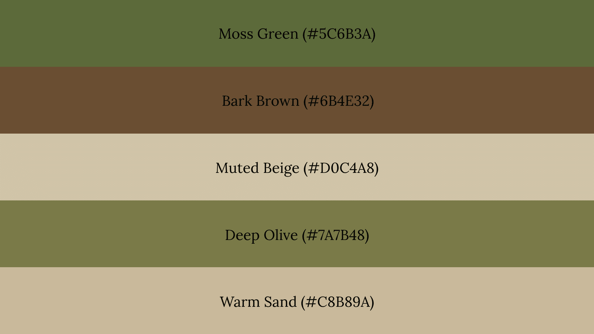 Five-band fall color palette: Moss Green (#5C6B3A), Bark Brown, Muted Beige, Deep Olive, and Warm Sand with hex codes.