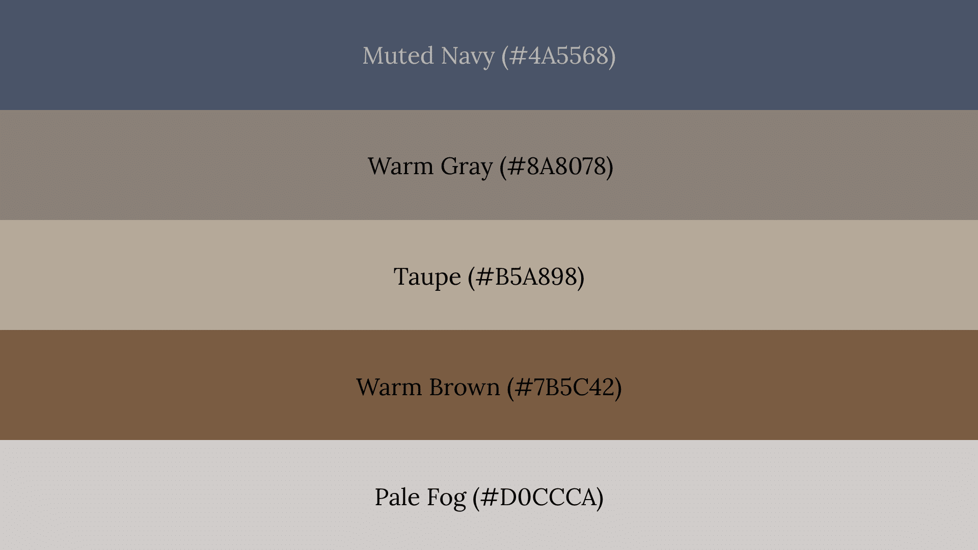 Five-band fall color palette: Muted Navy (#4A5568), Warm Gray, Taupe, Warm Brown, and Pale Fog with hex codes.