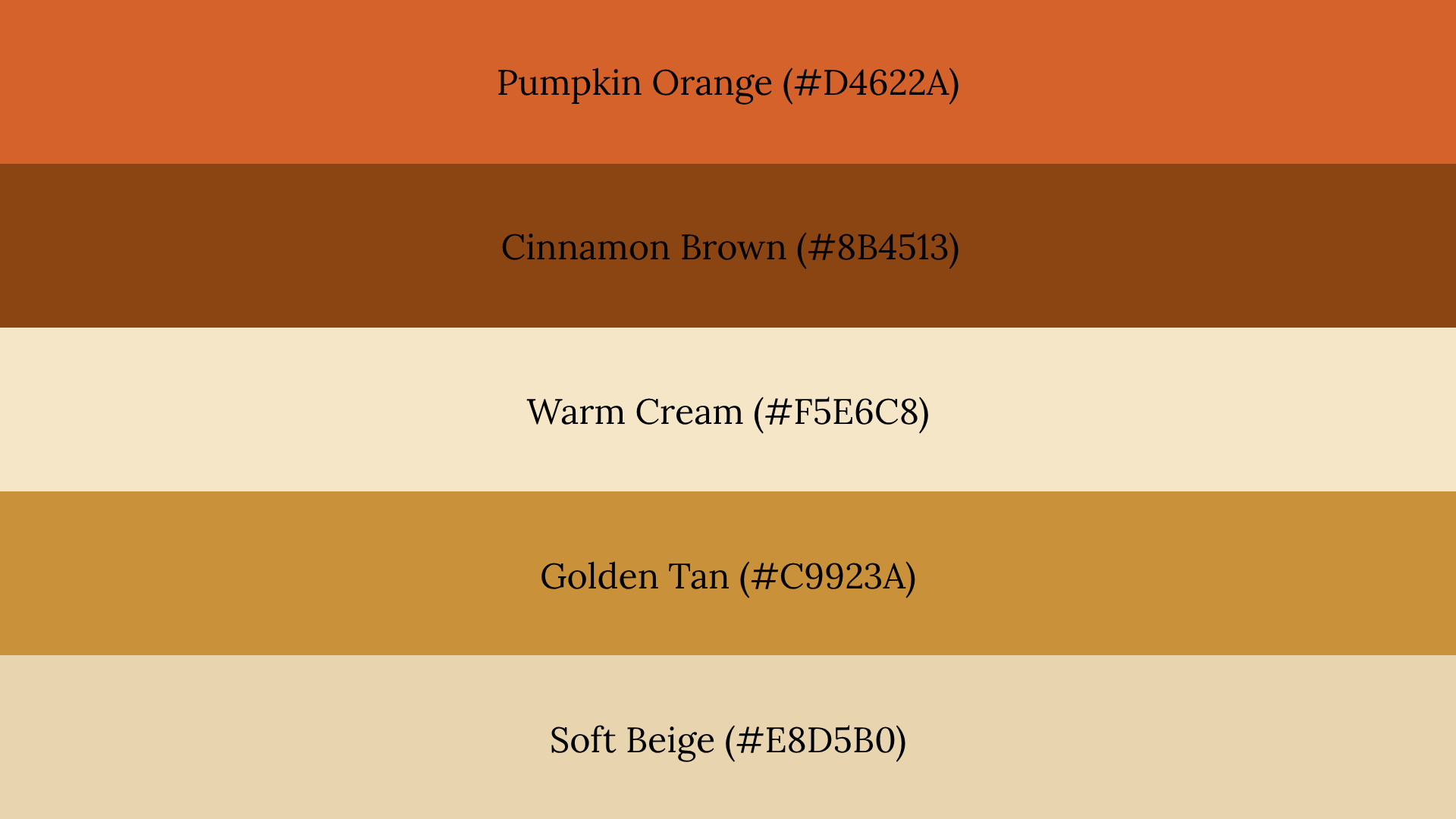 Five-band fall color palette: Pumpkin Orange, Cinnamon Brown, Warm Cream, Golden Tan, and Soft Beige with hex codes