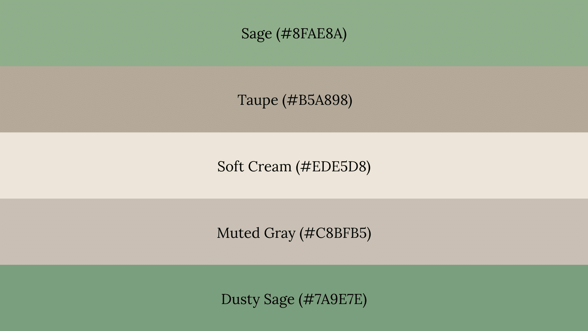 Five-band fall color palette: Sage (#8FAE8A), Taupe, Soft Cream, Muted Gray, and Dusty Sage with hex codes