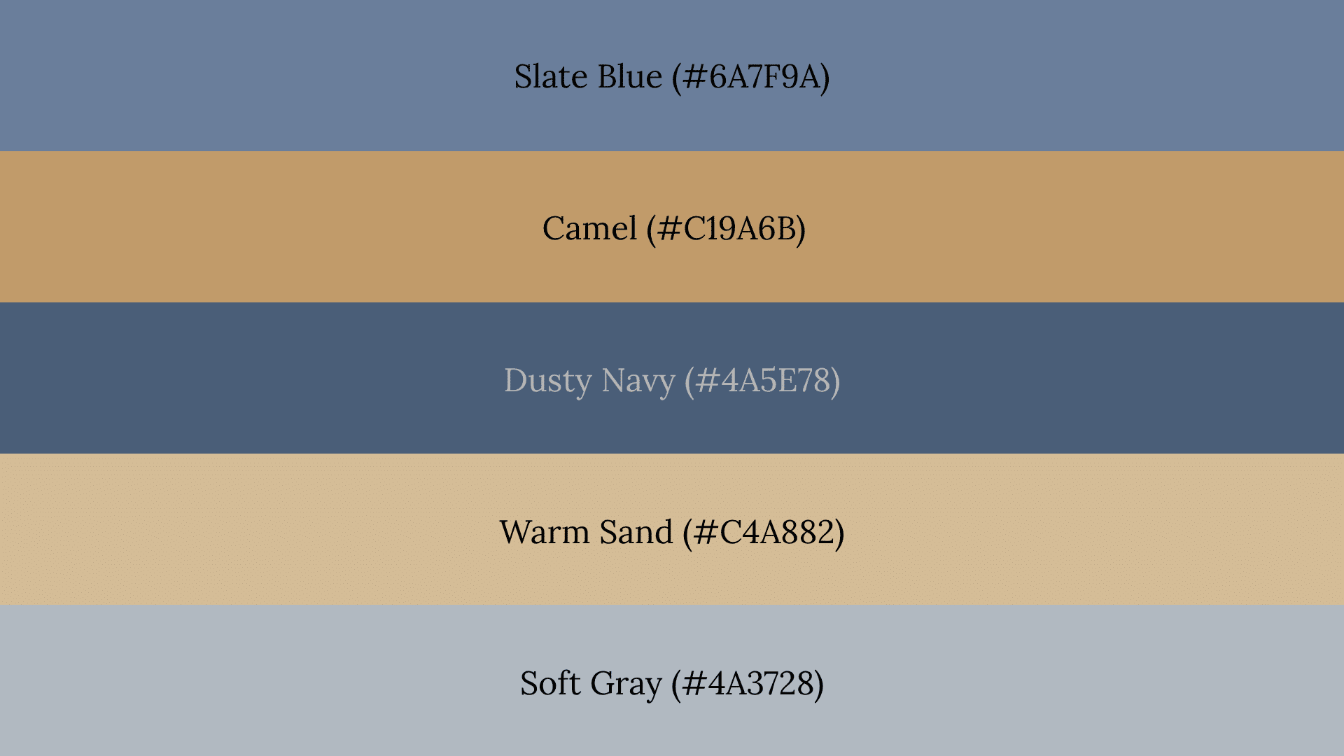 Five-band fall color palette: Slate Blue (#6A7F9A), Camel, Dusty Navy, Warm Sand, and Soft Gray with hex codes.